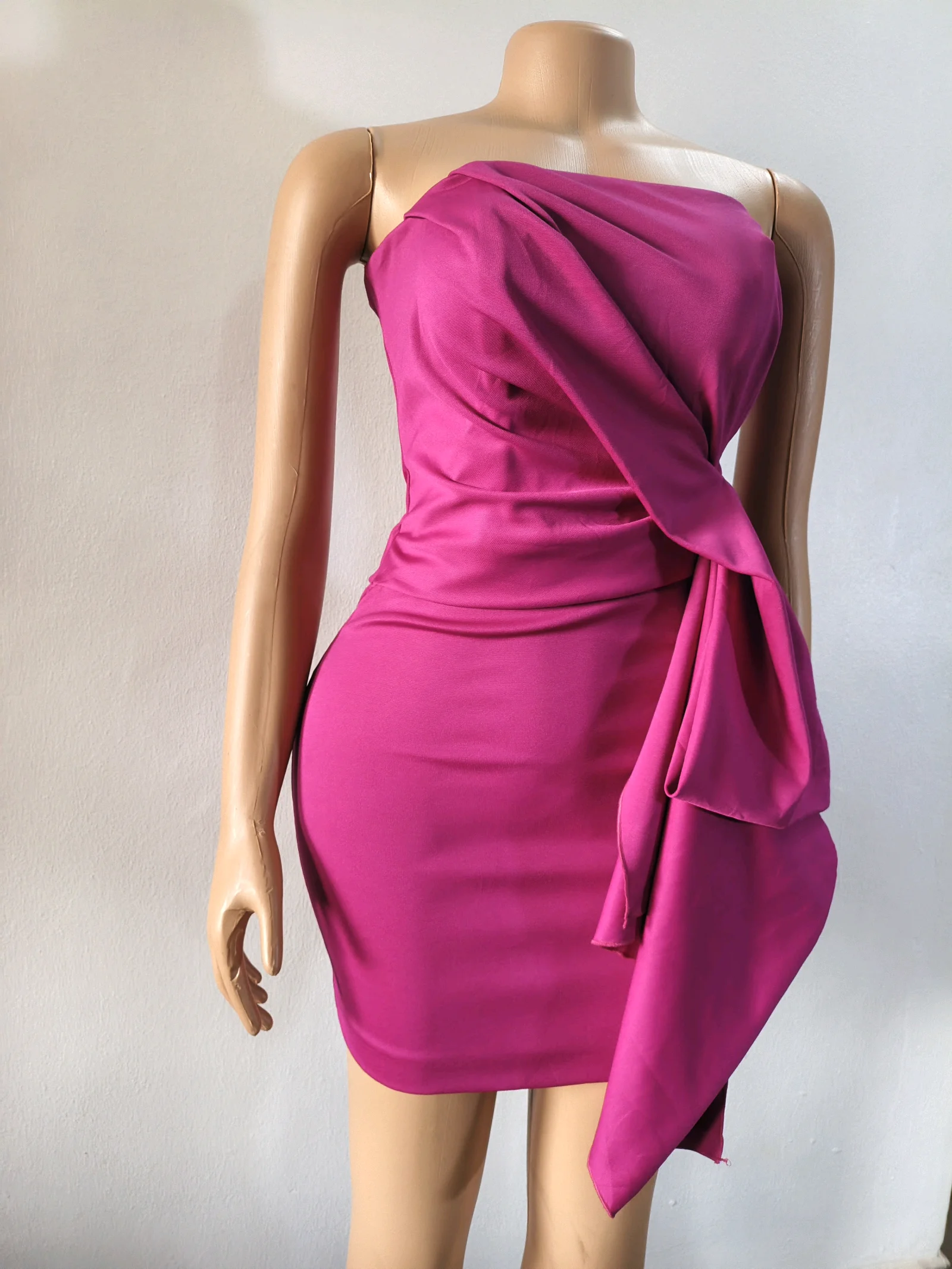 Magenta Strapless Mini Dress with Side Drape media 2