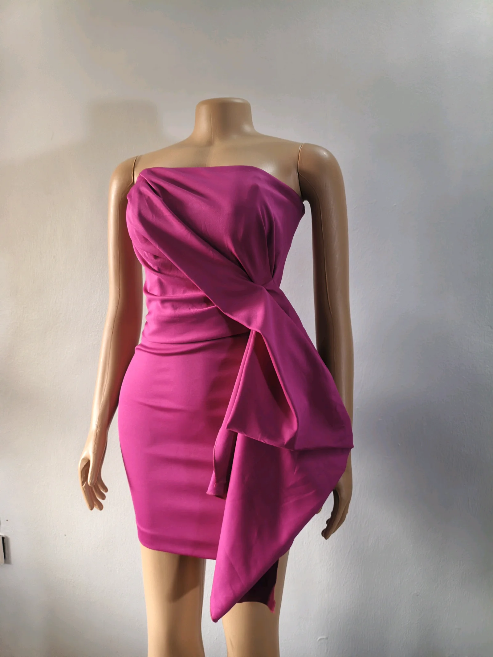 Magenta Strapless Mini Dress with Side Drape media 3