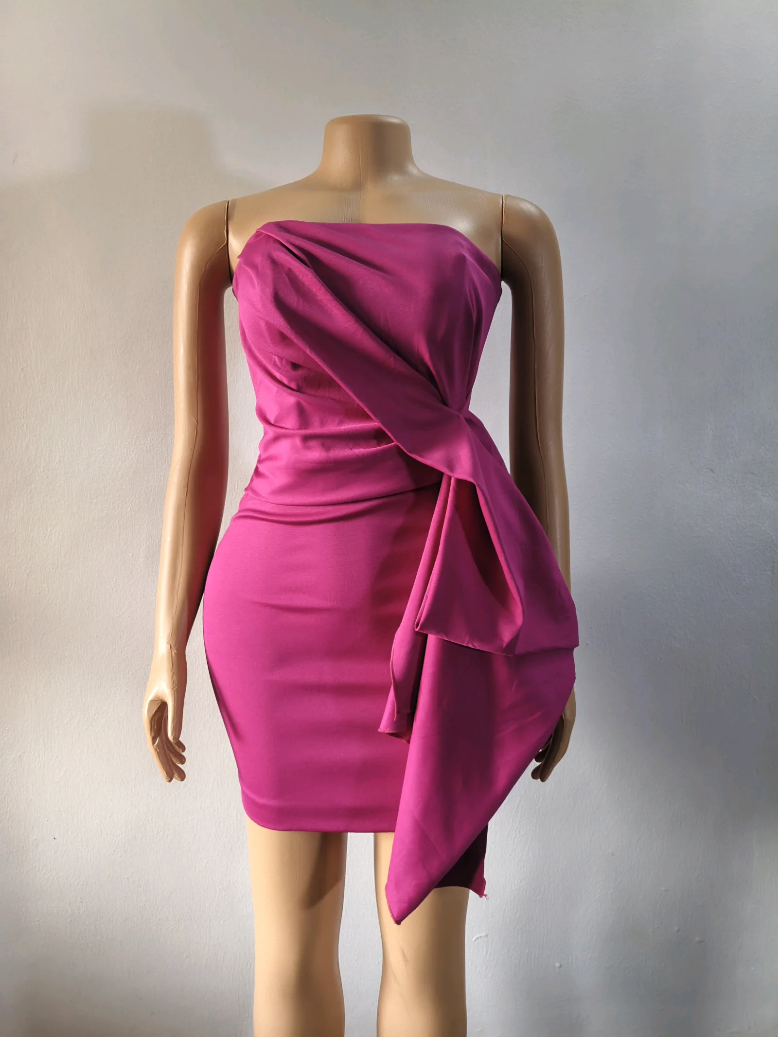 Magenta Strapless Mini Dress with Side Drape