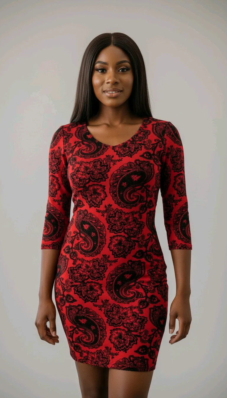 Red & Black Paisley Print Bodycon Mini Dress media 2