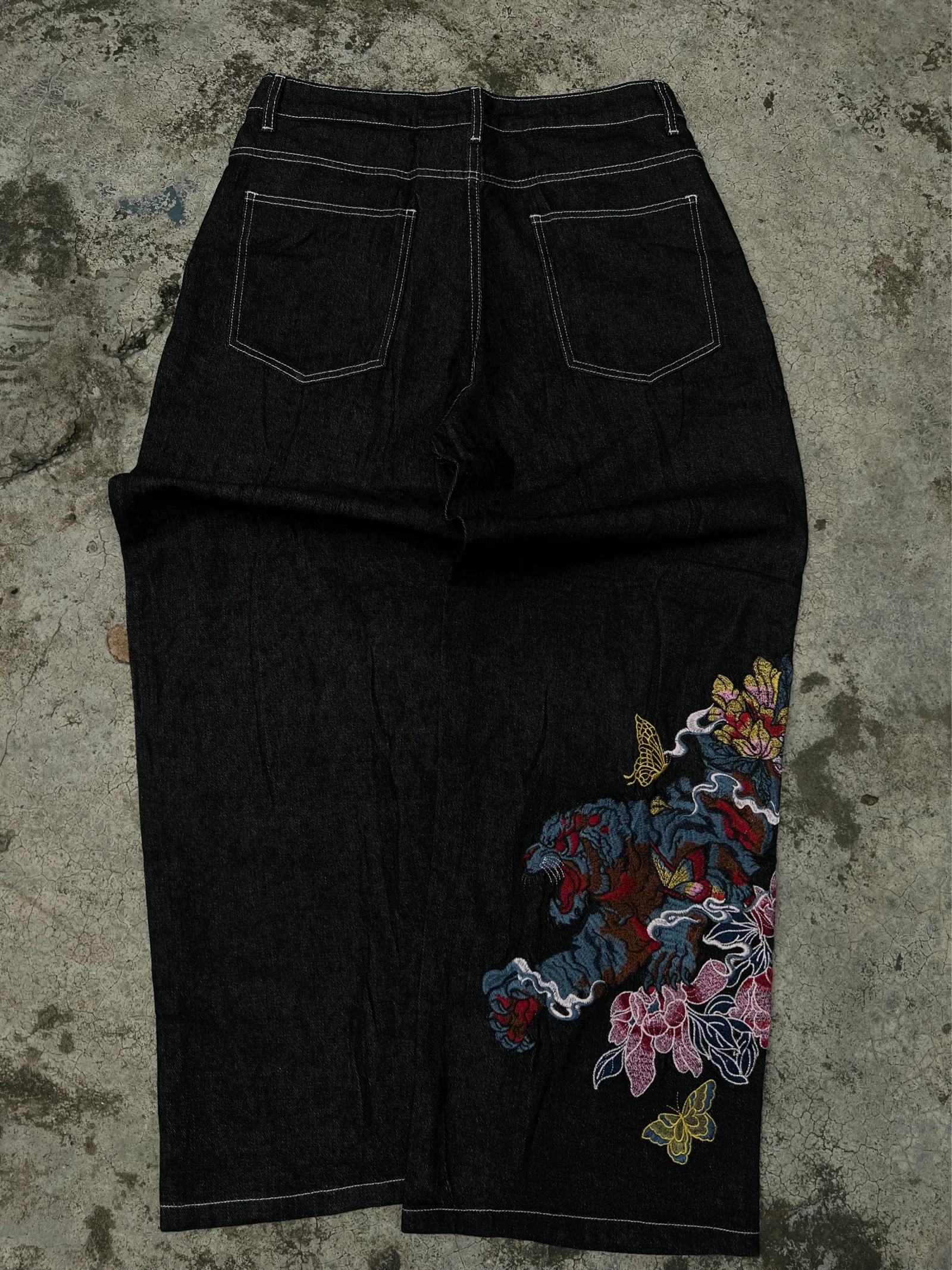 Dark Wash Jeans with Embroidered Tiger