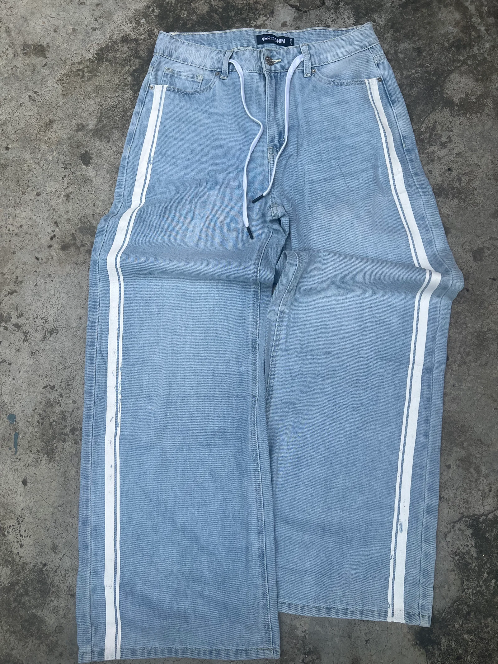 Light Wash Denim Jeans with Side Stripes