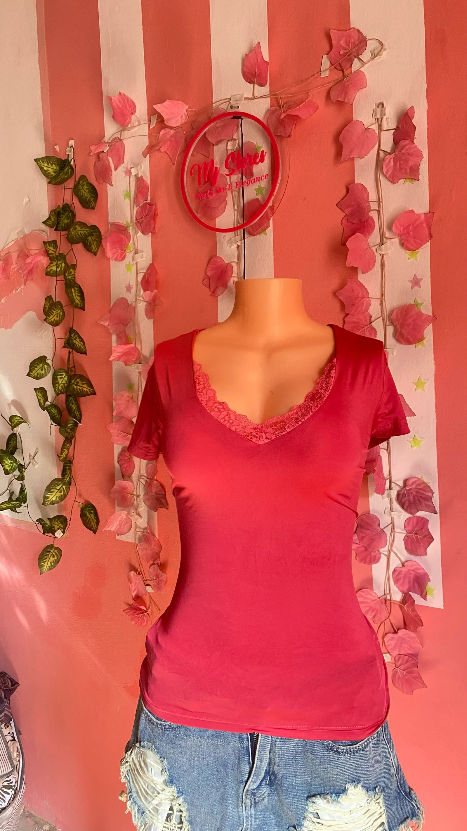 Pink V-Neck Lace Trim Short Sleeve Top