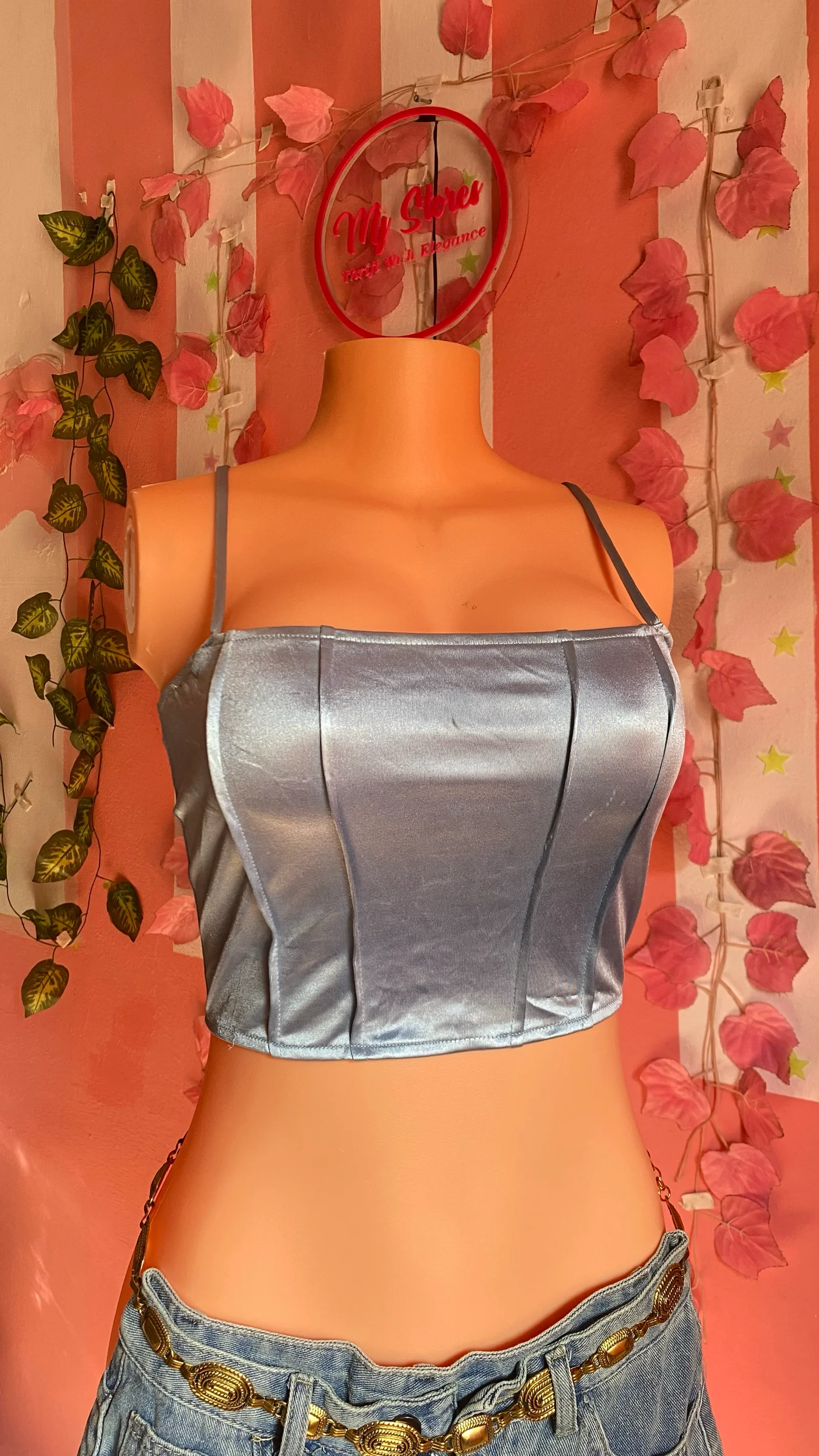 Light Blue Satin Corset Crop Top media 2