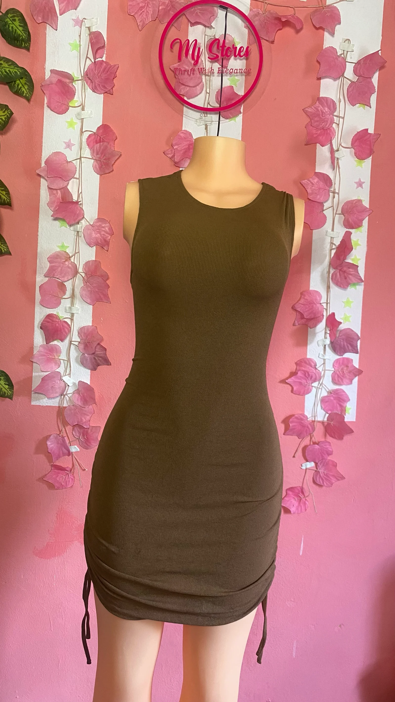 Brown Ribbed Sleeveless Mini Dress