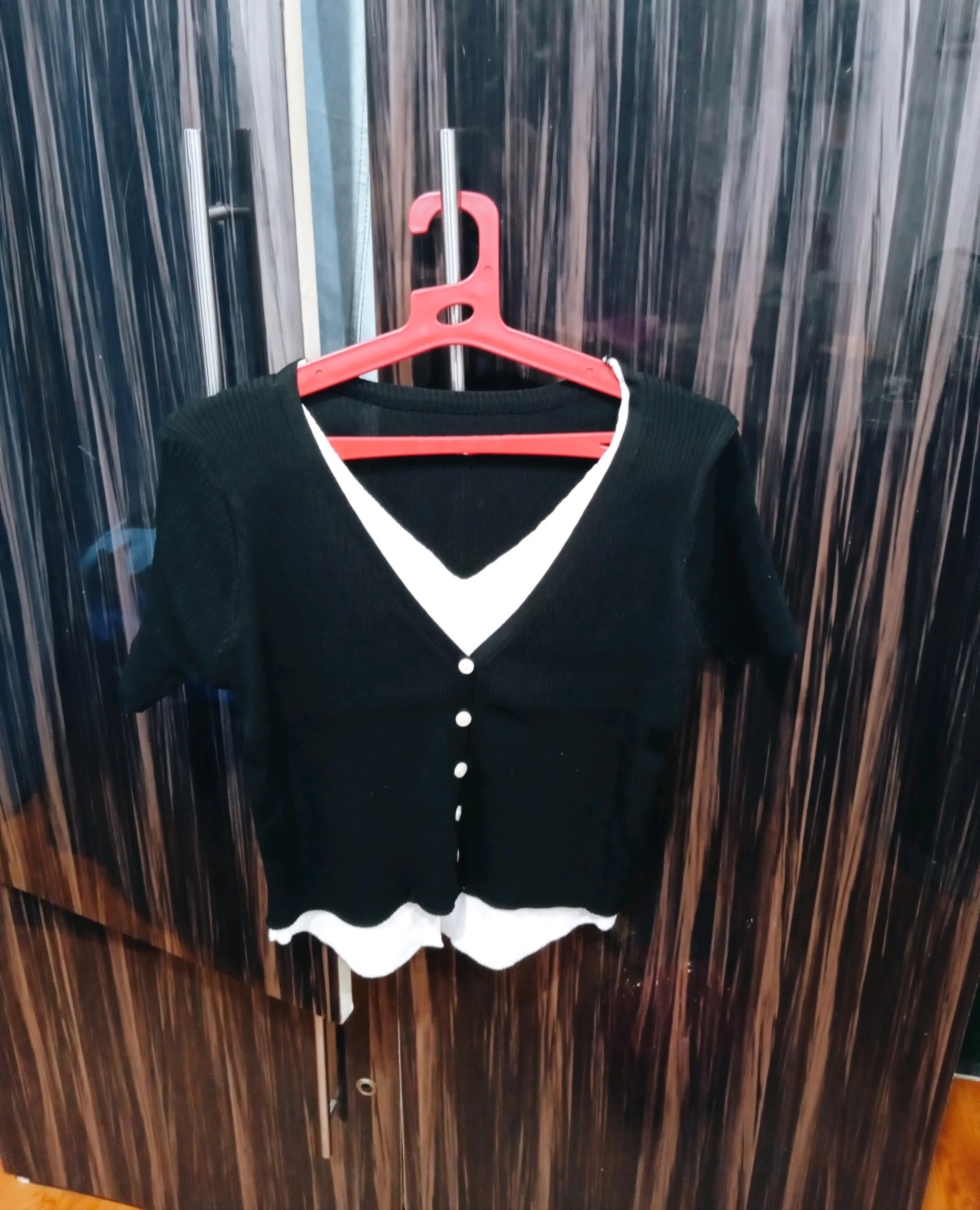 Black and White Ribbed Short Sleeve Cardigan Top