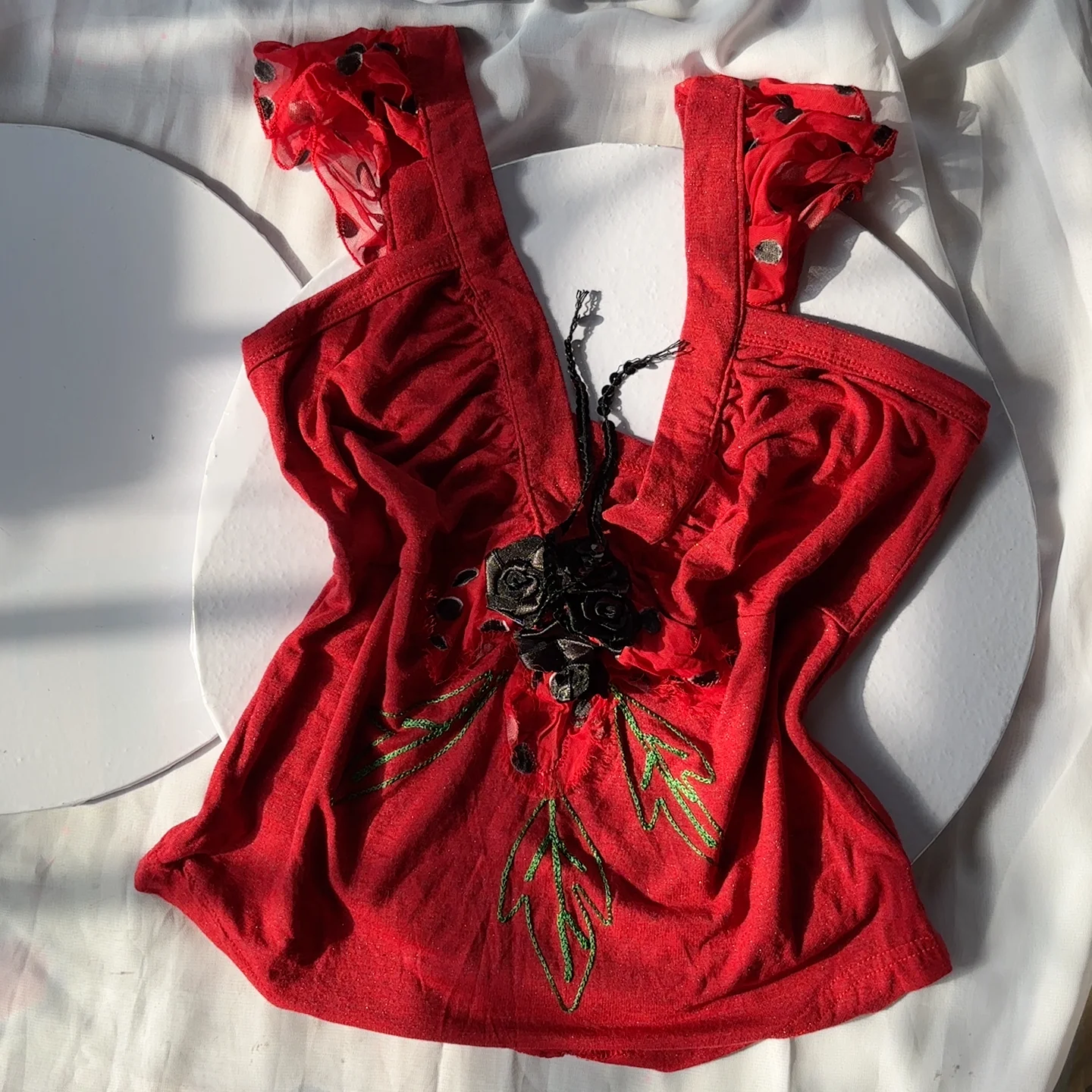 Red Sleeveless Top with Floral Applique