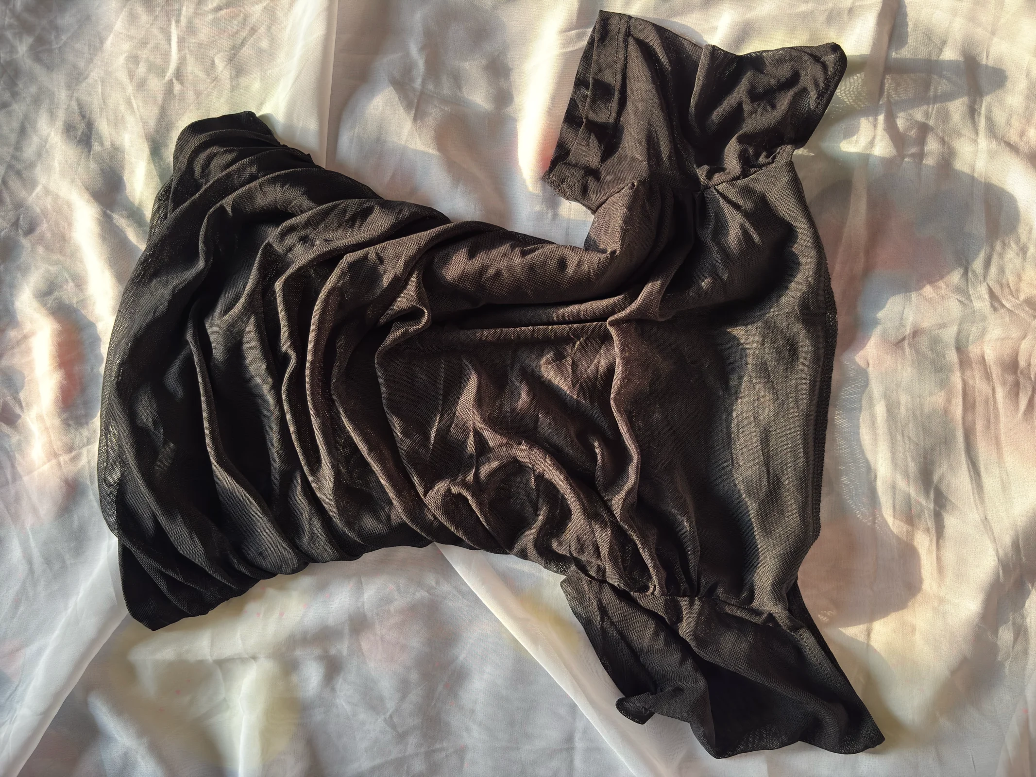 Black Ruched Off-Shoulder Mesh Top media 2