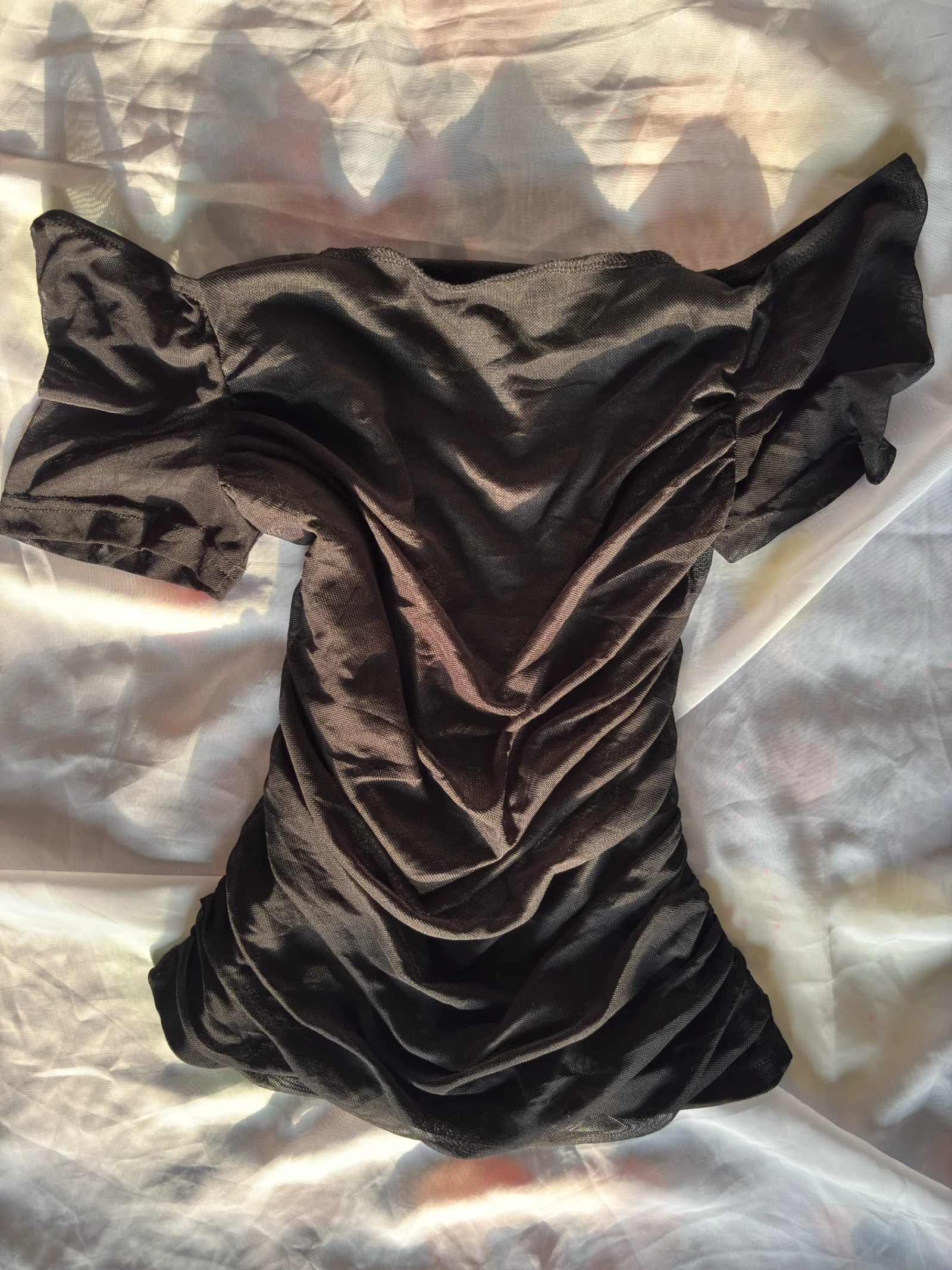 Black Ruched Off-Shoulder Mesh Top