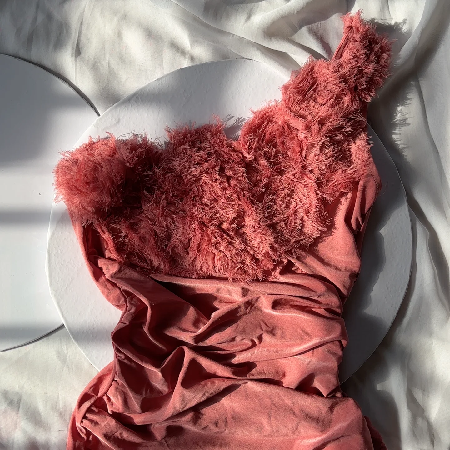 Pink One-Shoulder Ruched Mini Dress/Top with Faux Fur media 2
