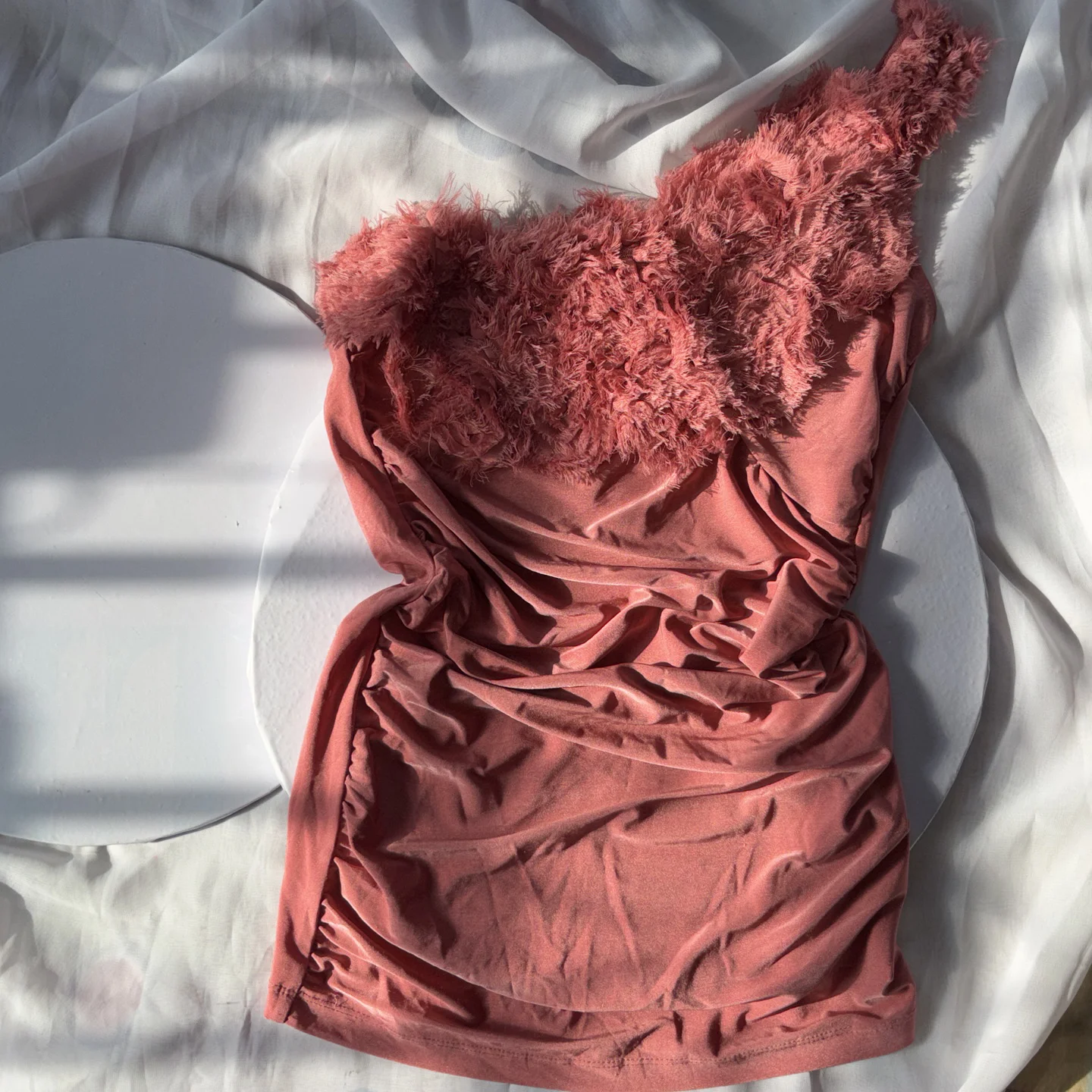 Pink One-Shoulder Ruched Mini Dress/Top with Faux Fur