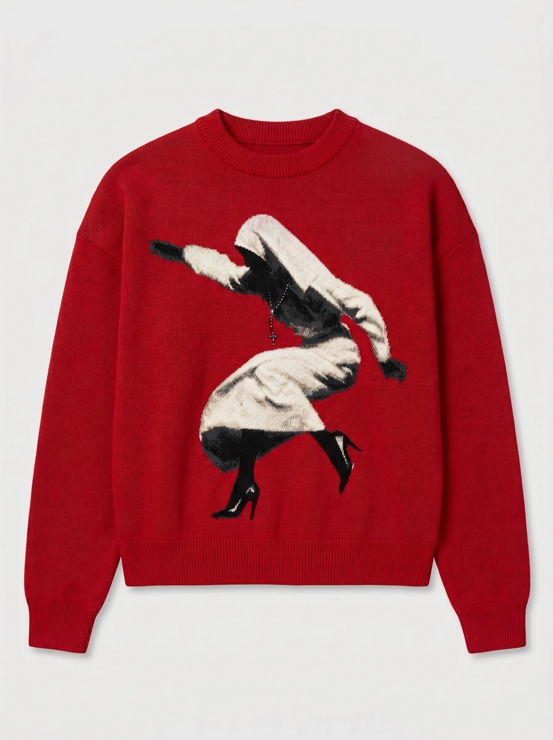 Red Knit Sweater with Nun Graphic