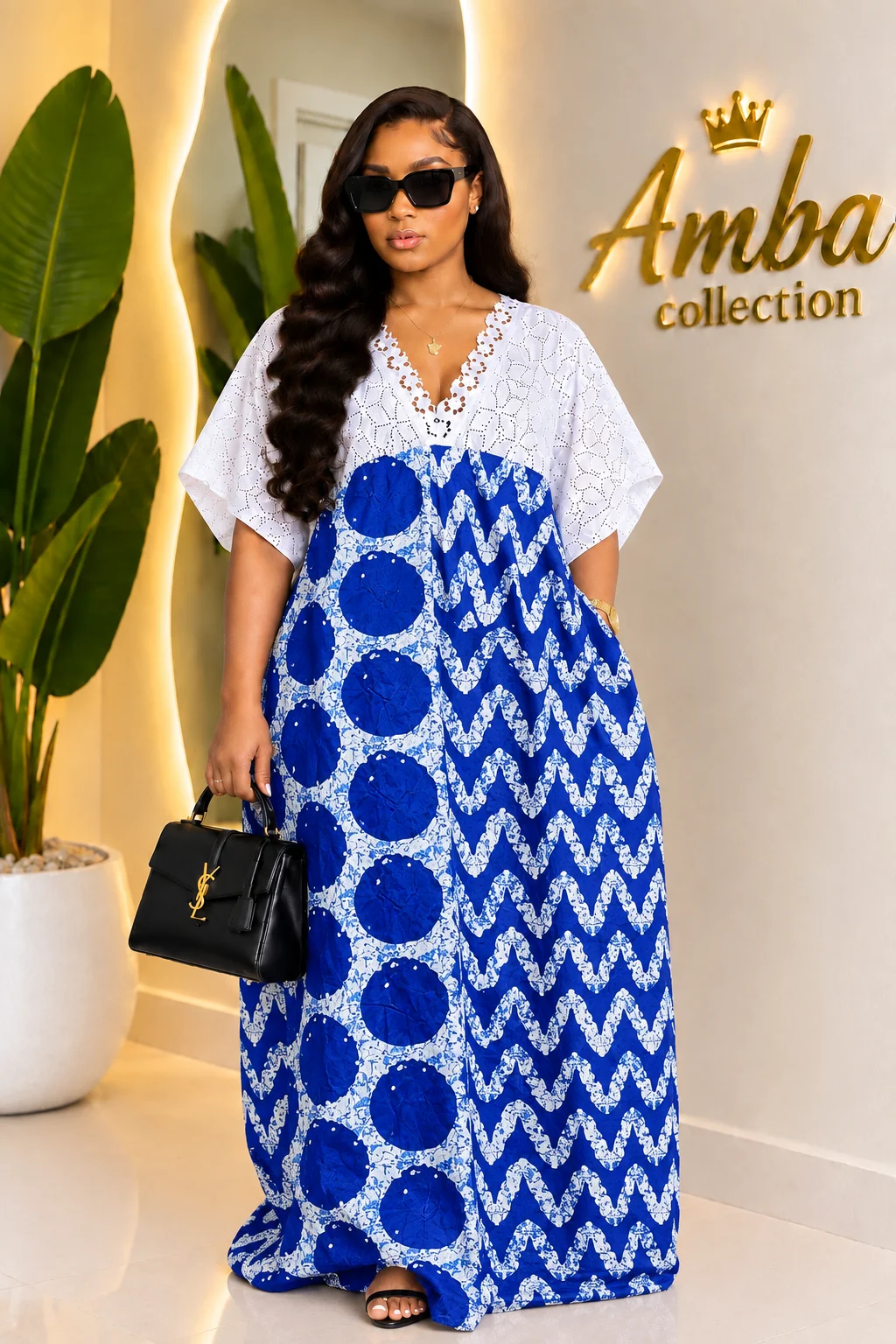 Blue and White Eyelet Trim Boubou Maxi Dress media 4