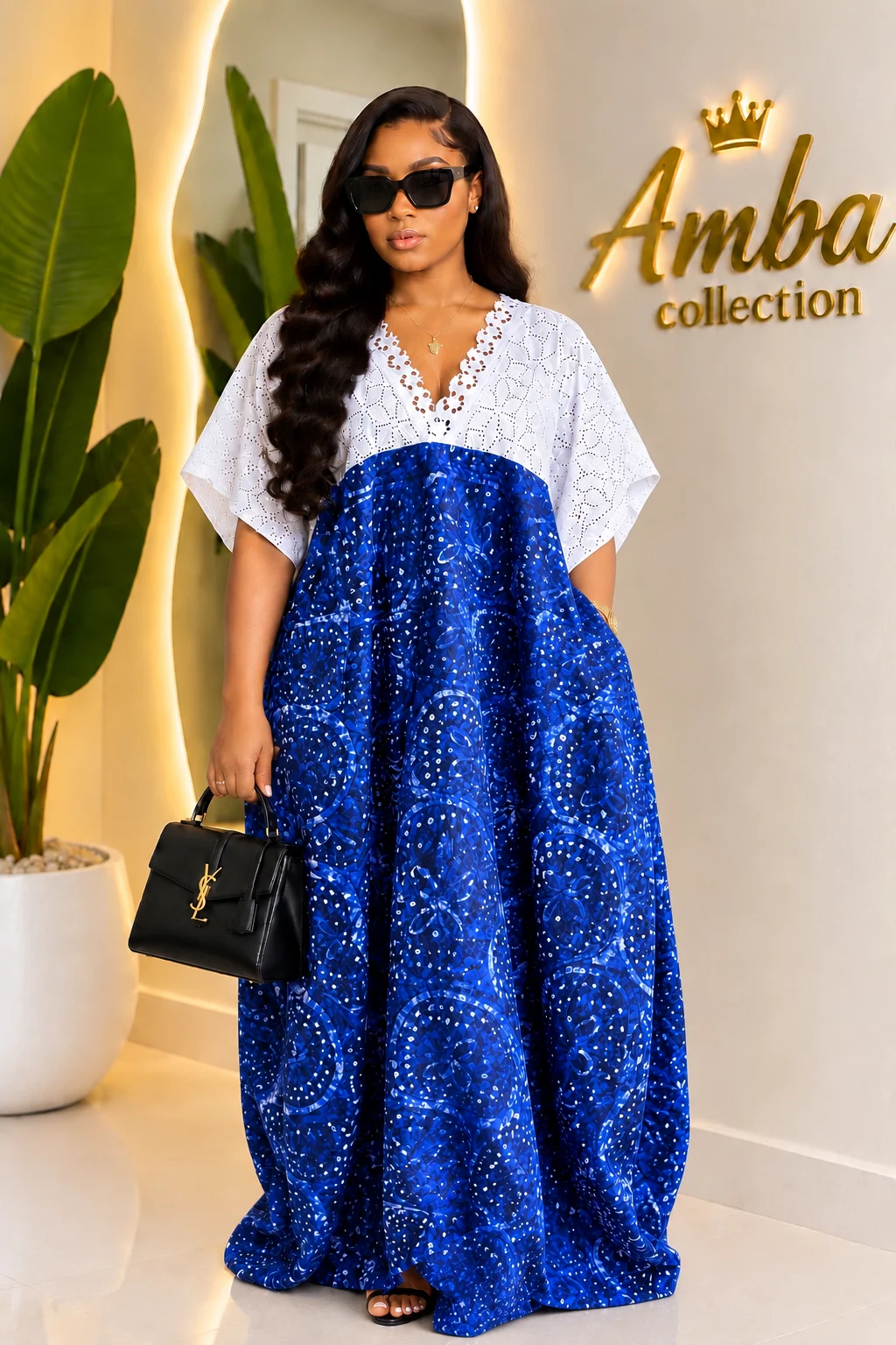 Blue and White Eyelet Trim Boubou Maxi Dress media 2