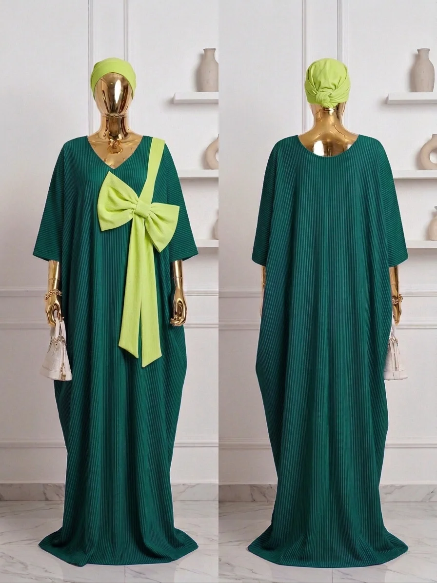 Emerald Green Pleated Kaftan with Lime Bow