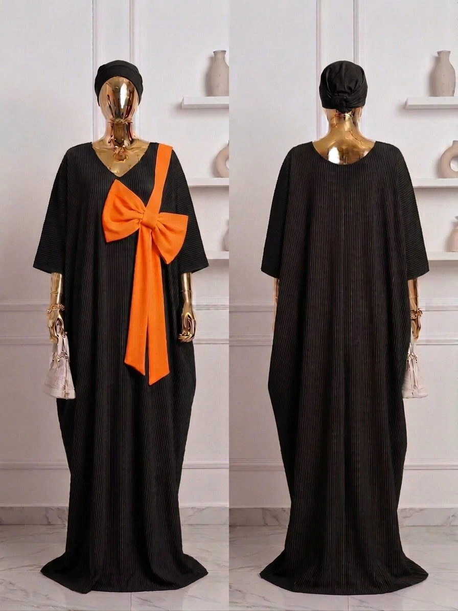Black Pleated Kaftan with Orange Bow