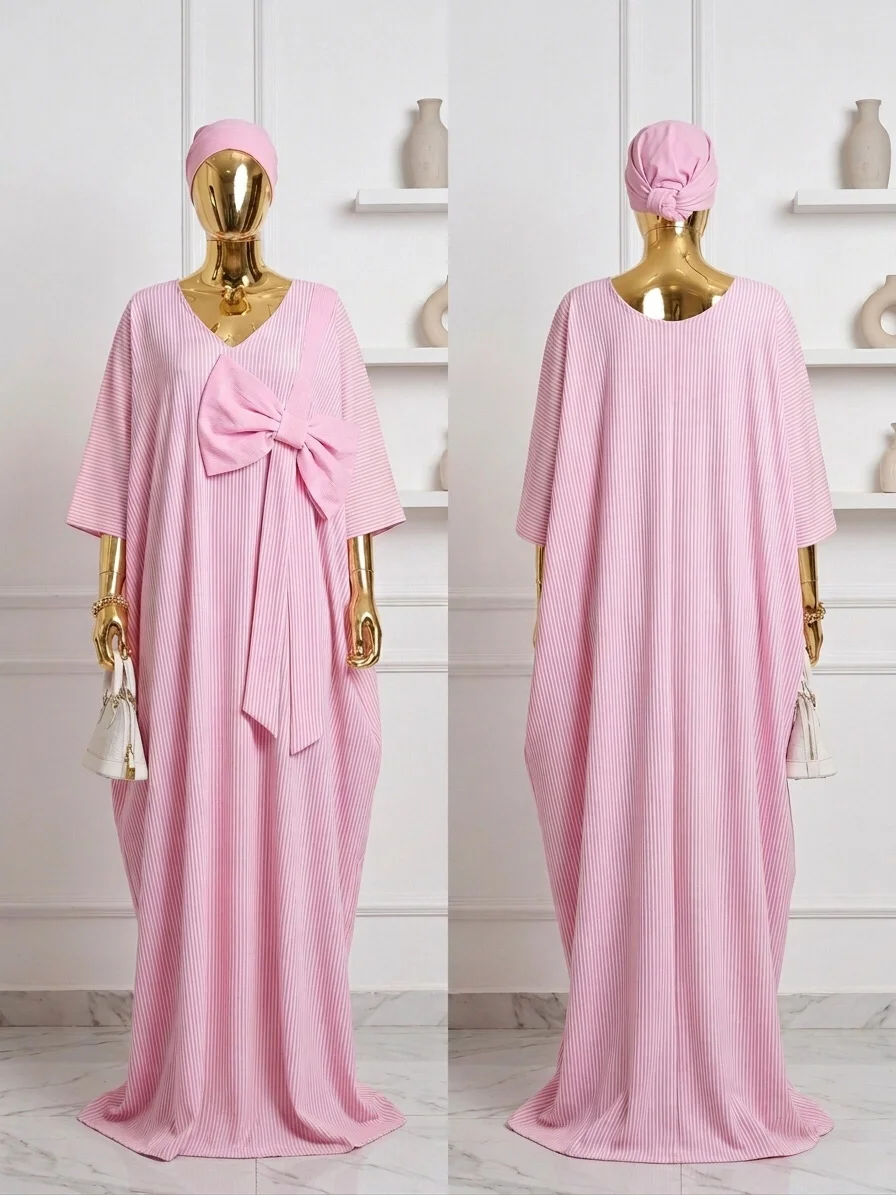 Light Pink Pleated Kaftan with Pink Bow