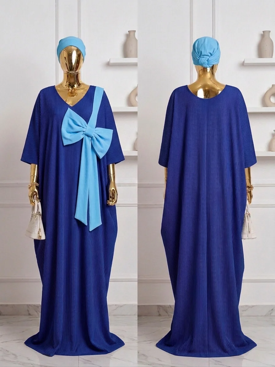 Royal Blue Pleated Kaftan with Light Blue Bow
