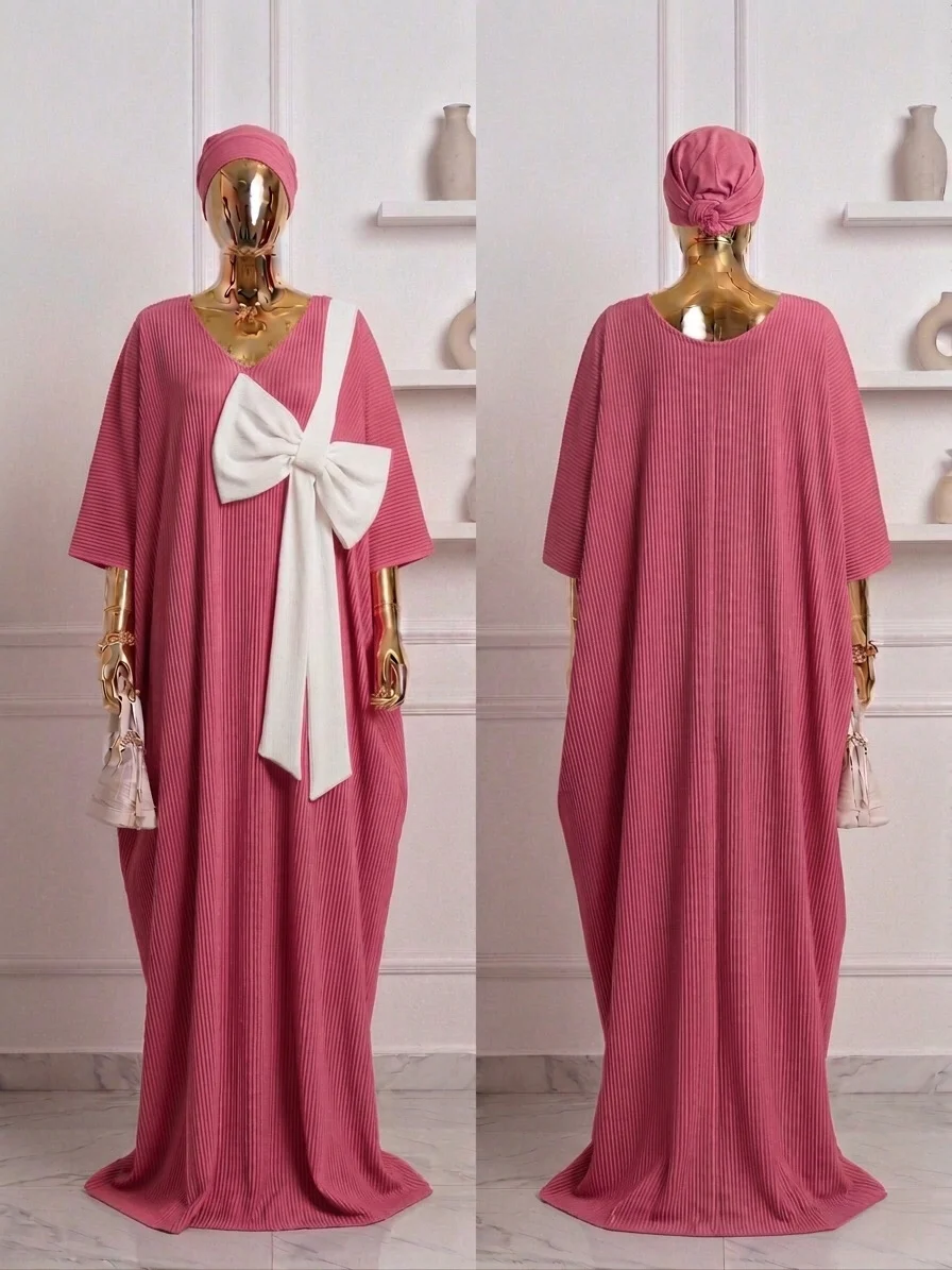 Rose Pink Pleated Kaftan with White Bow