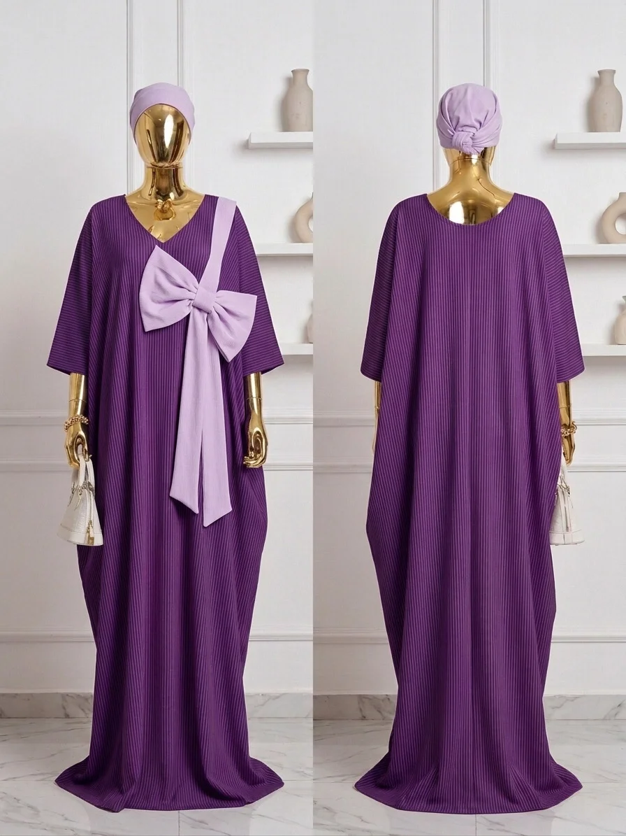 Purple Pleated Kaftan with Lavender Bow