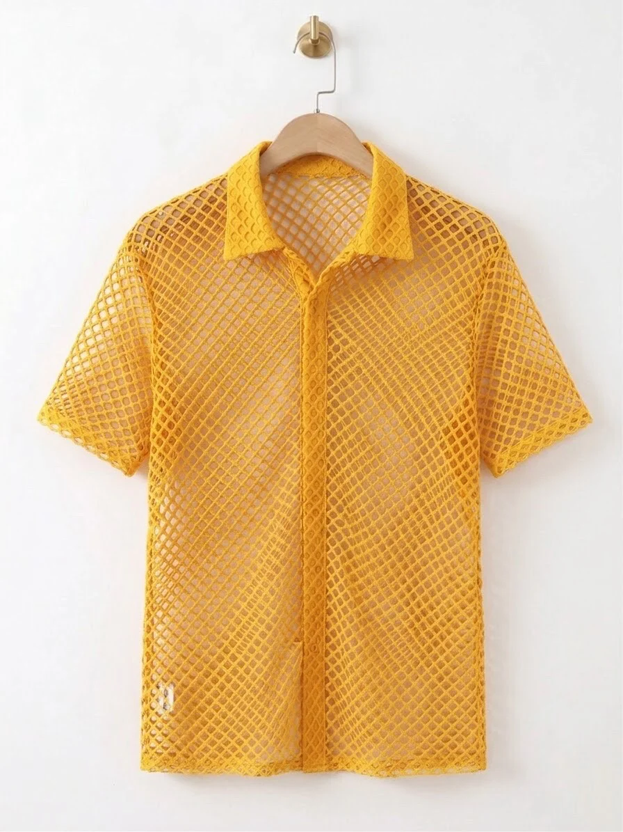Yellow Mesh Short Sleeve Button-Up Shirt
