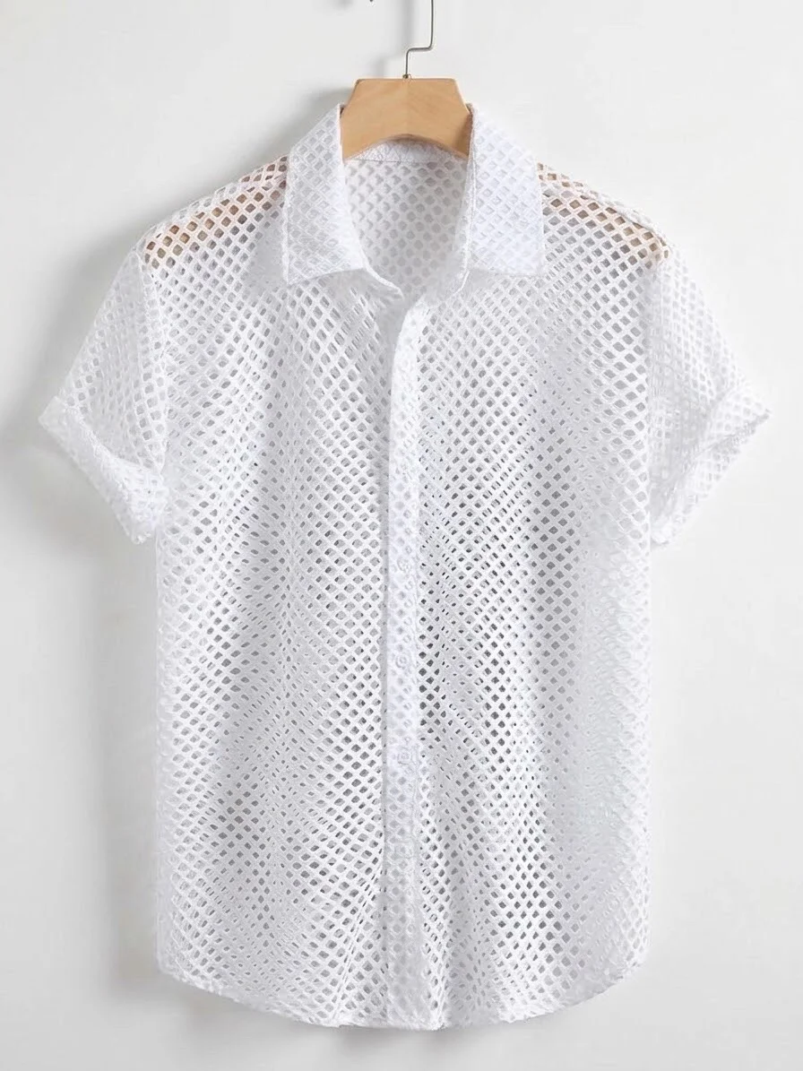 White Mesh Short Sleeve Button-Up Shirt