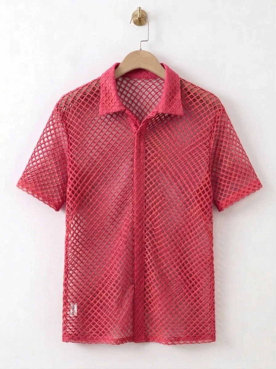 Pink Mesh Short Sleeve Button-Up Shirt