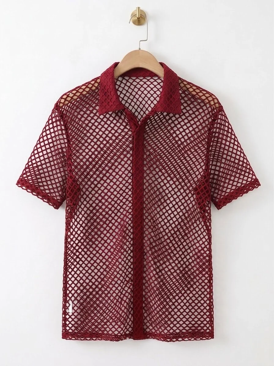 Red Mesh Short Sleeve Button-Up Shirt