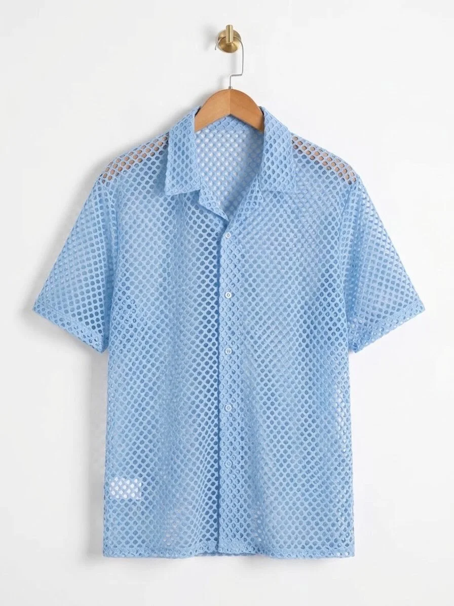 Light Blue Mesh Short Sleeve Button-Up Shirt