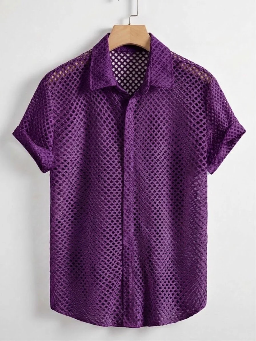 Purple Mesh Short Sleeve Button-Up Shirt