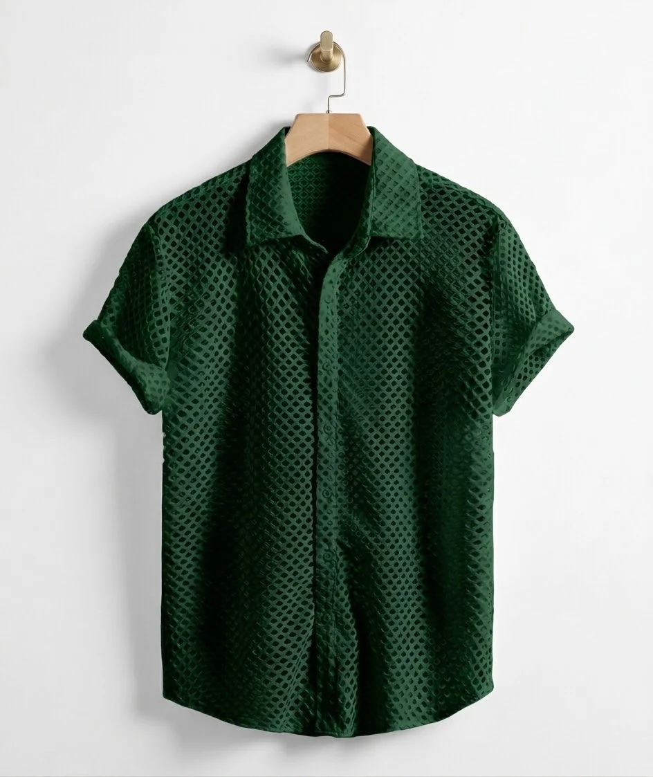 Dark Green Mesh Short Sleeve Button-Up Shirt