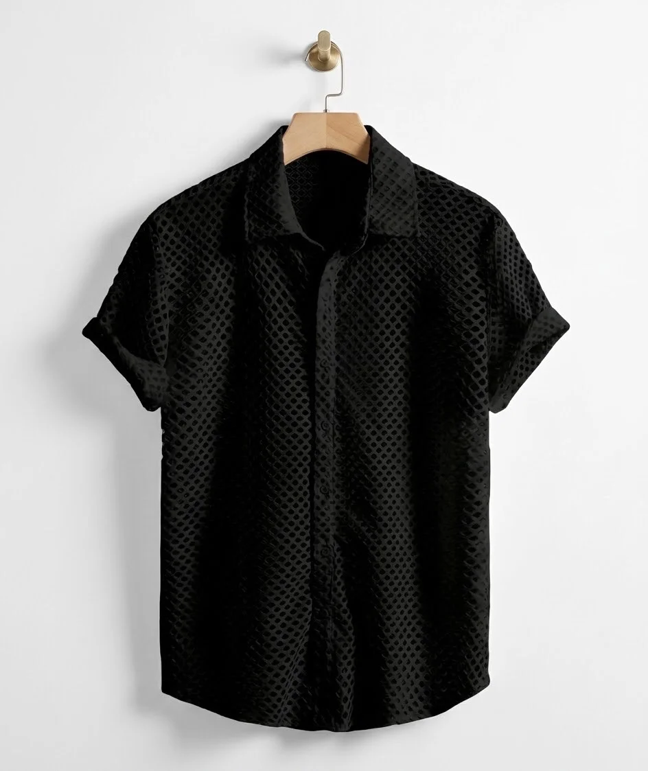 Black Textured Mesh Short Sleeve Button-Up Shirt