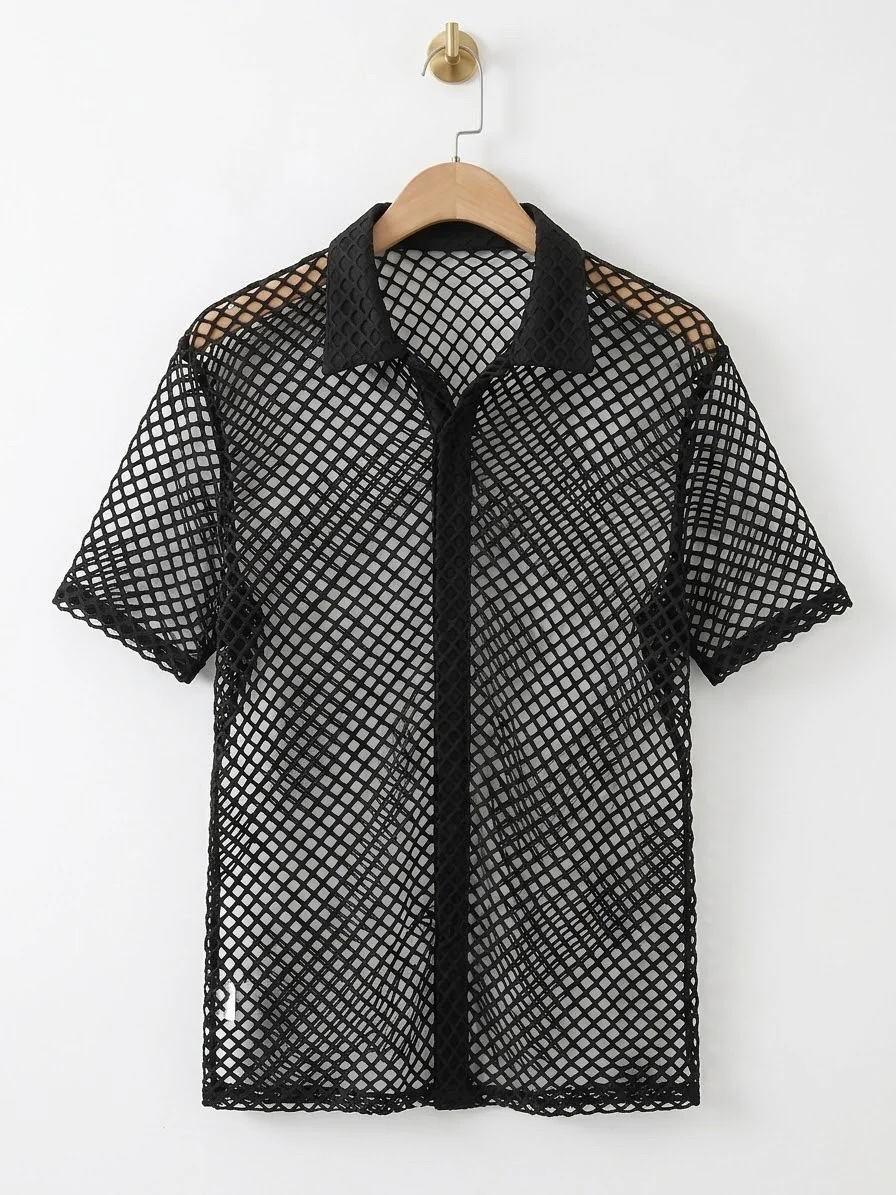 Black Mesh Short Sleeve Button-Up Shirt