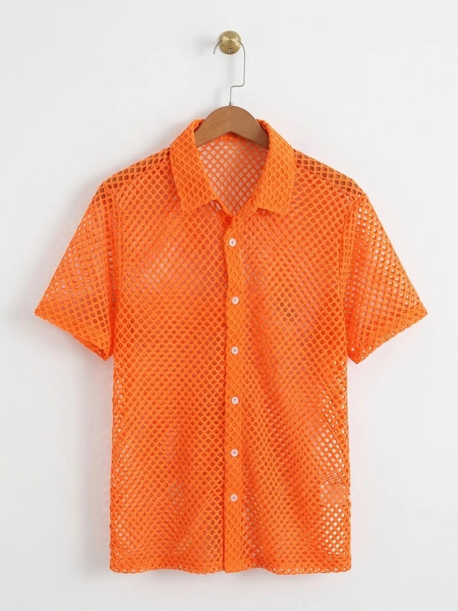 Orange Mesh Short Sleeve Button-Up Shirt