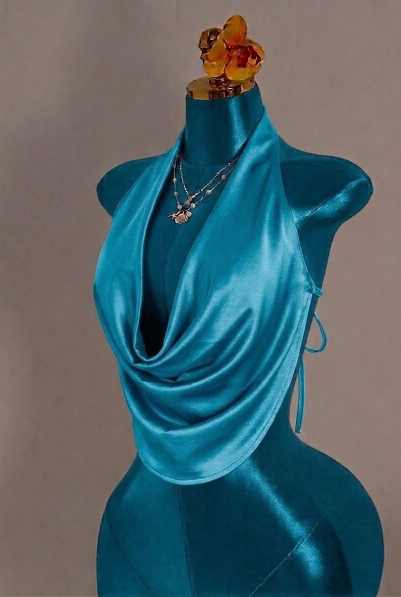 Teal Satin Cowl Neck Halter Top