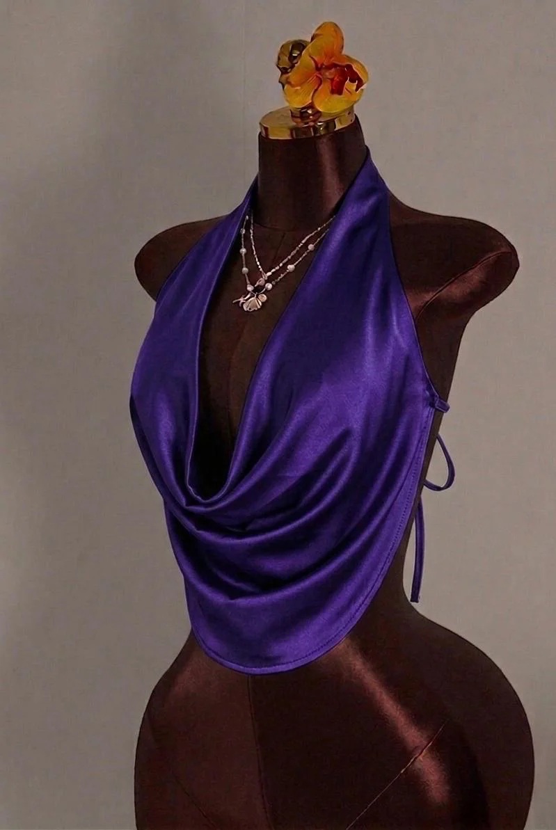 Purple Satin Cowl Neck Halter Top