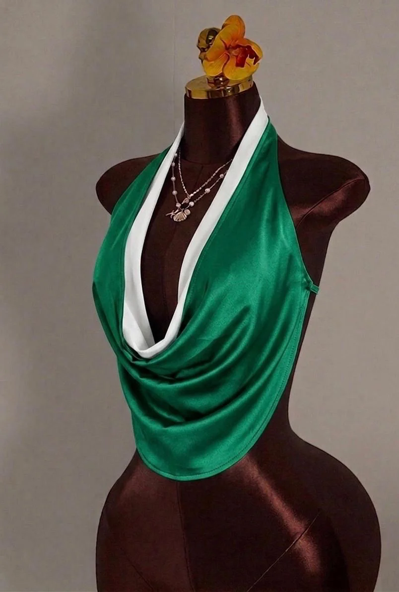 Green and White Satin Cowl Neck Halter Top
