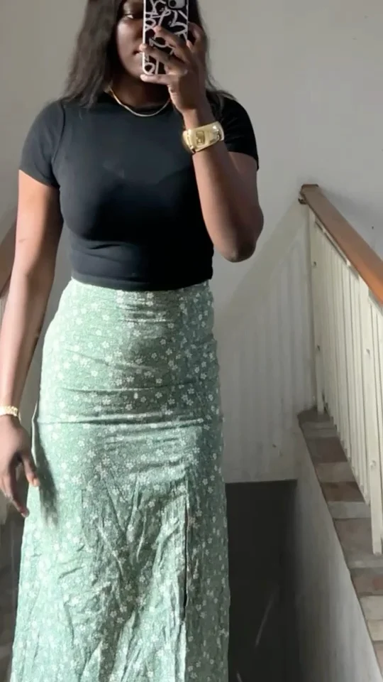Green Floral Midi Skirt with Slit size 8/10