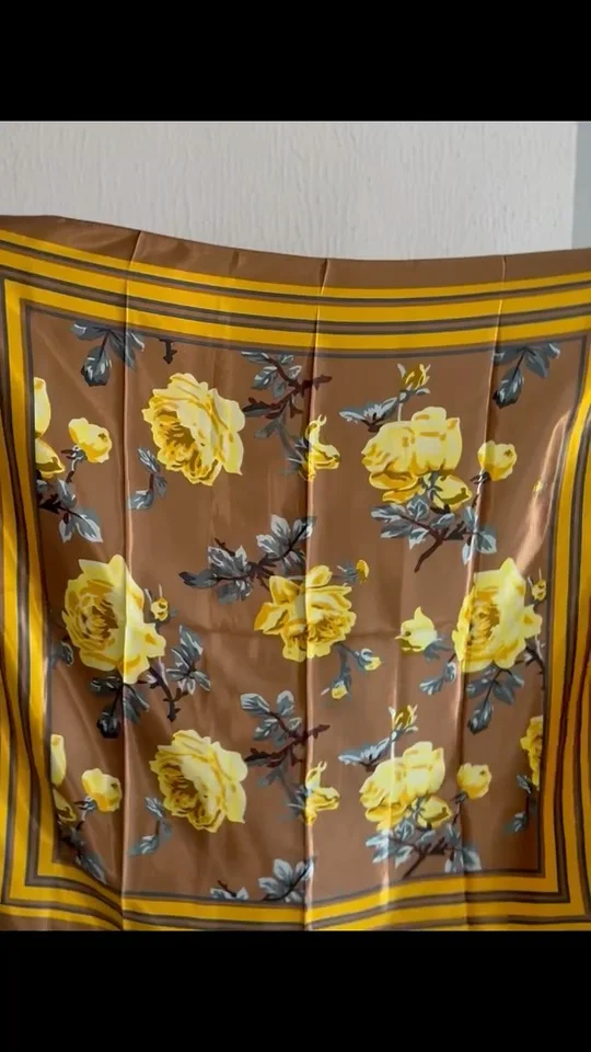 Brown Floral Print Satin Square Scarf