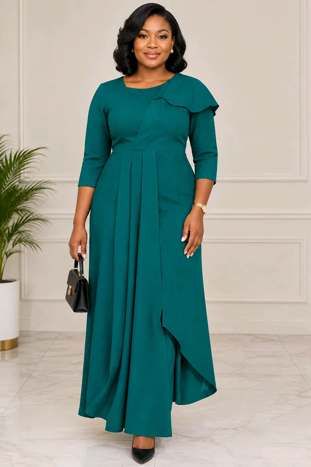 Emerald Green Draped Midi Dress