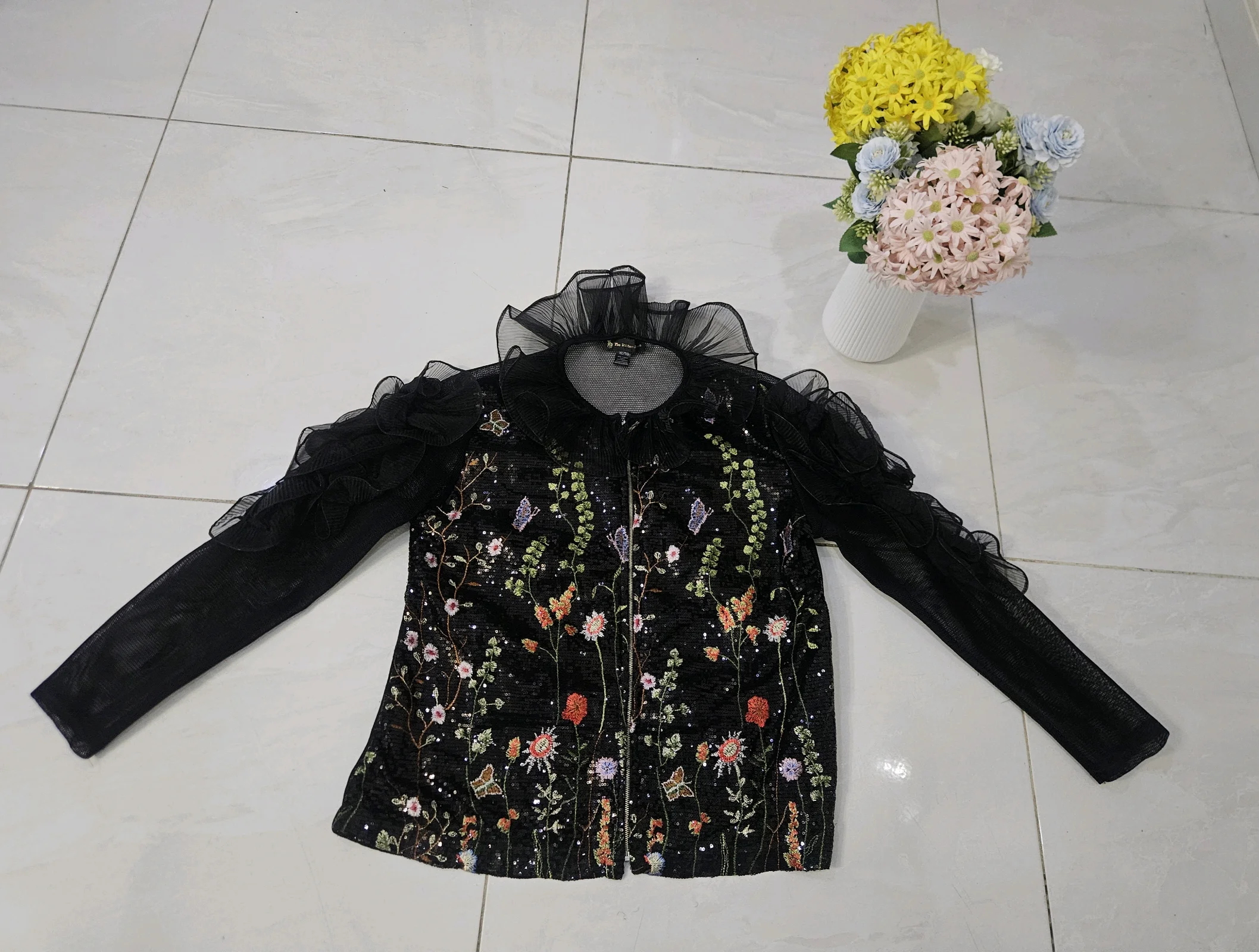 Black Sequin Embroidered Mesh Ruffle Jacket media 2
