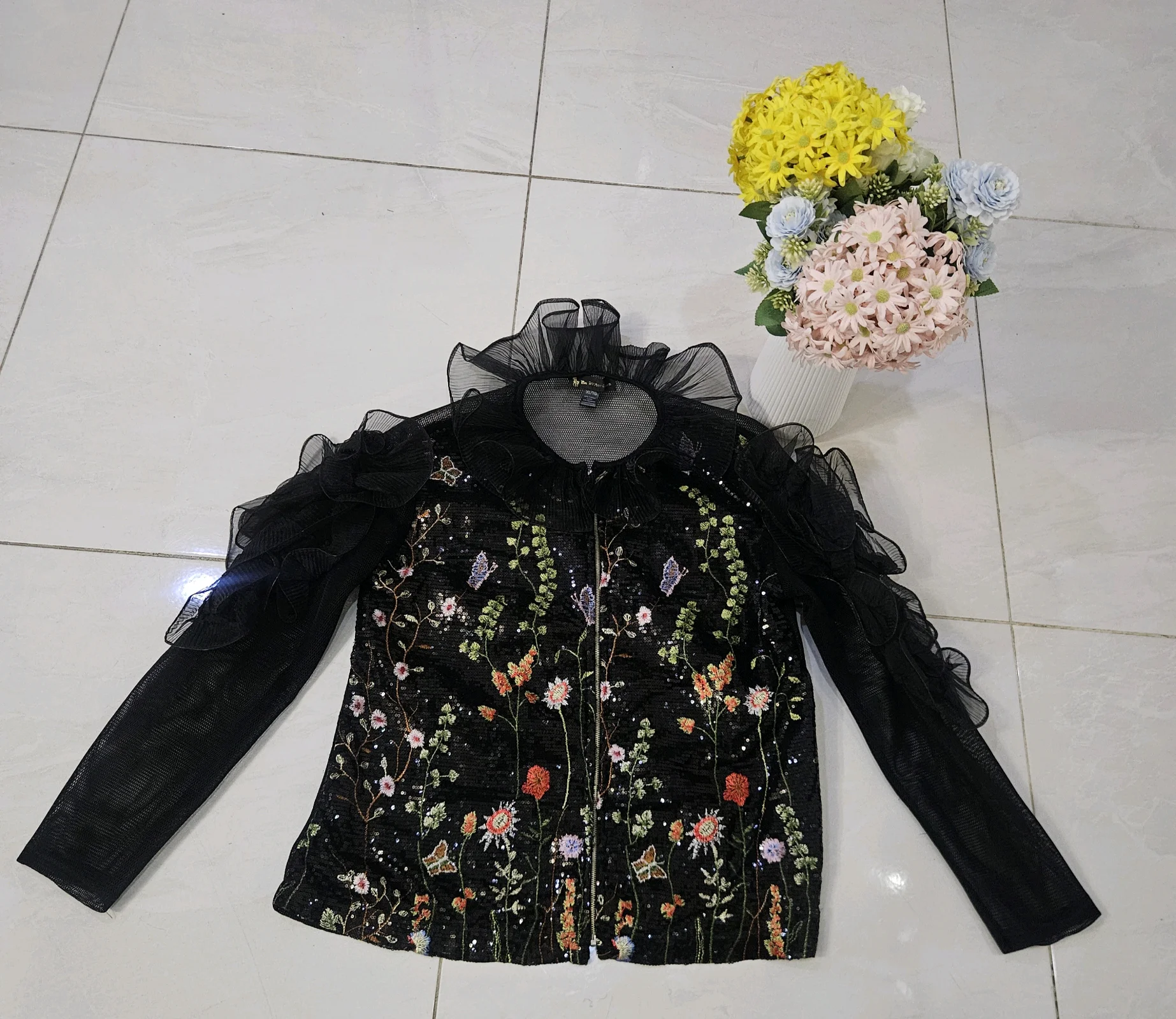 Black Sequin Embroidered Mesh Ruffle Jacket