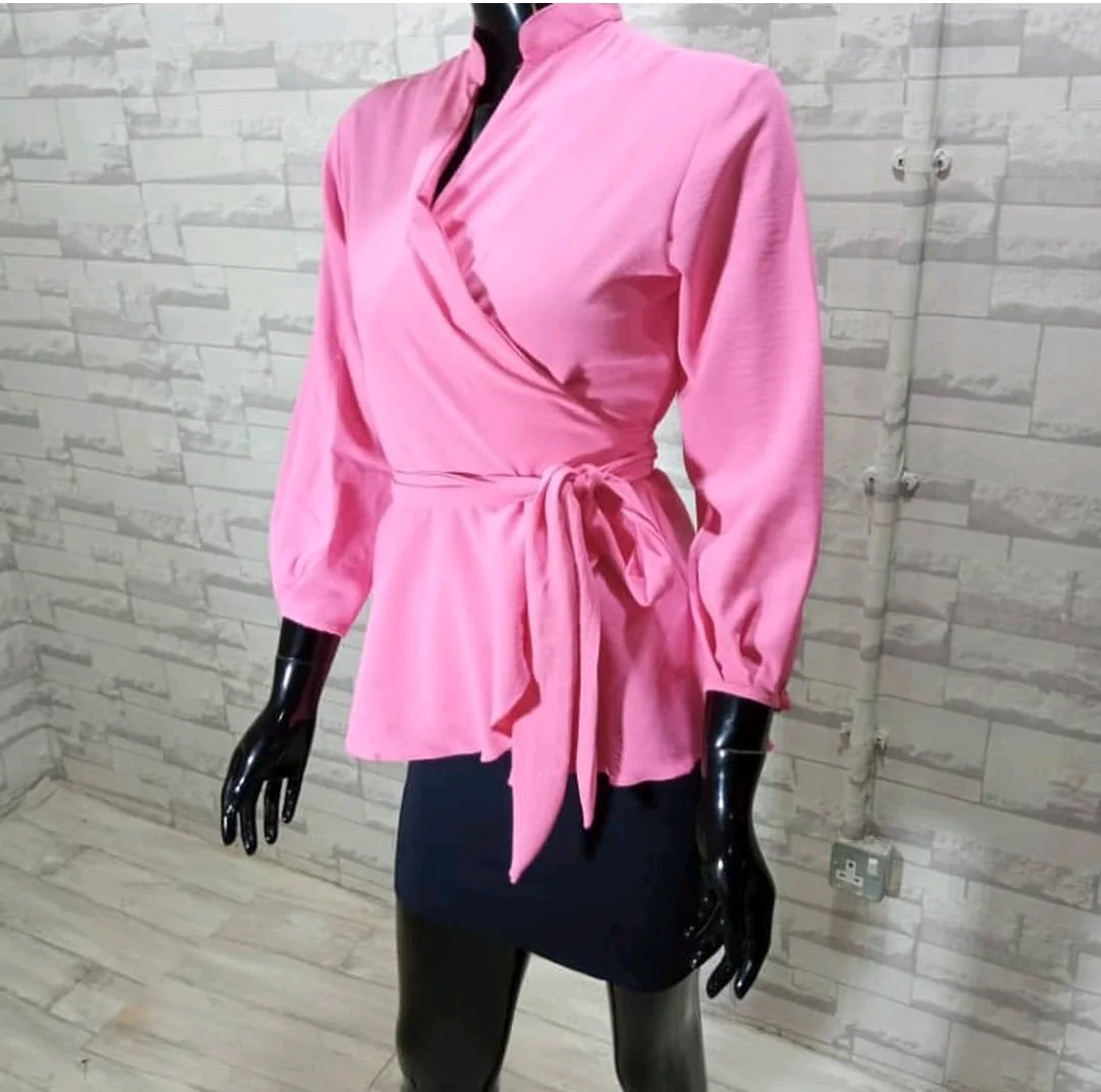 Pink Wrap Blouse with Tie Waist media 2
