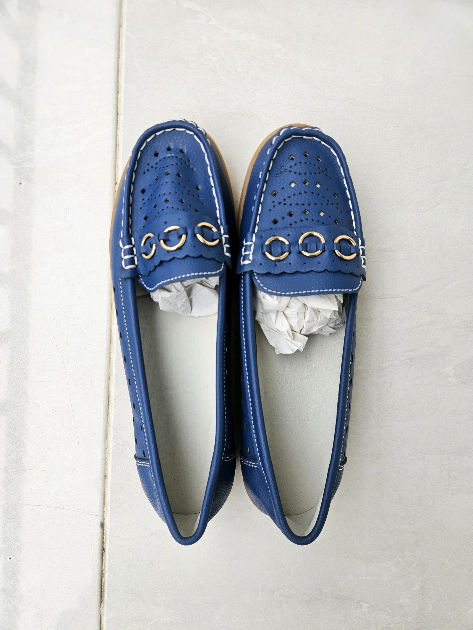 Women blue Perforated Loafers with Gold Accents
