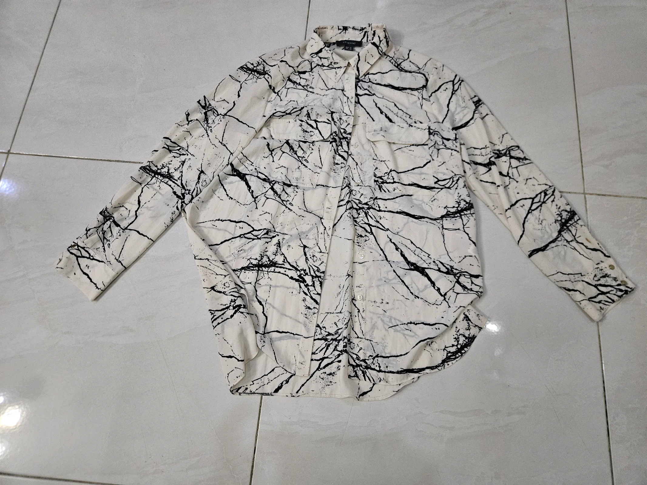 Cream & Black Marble Print Long Sleeve Blouse media 2