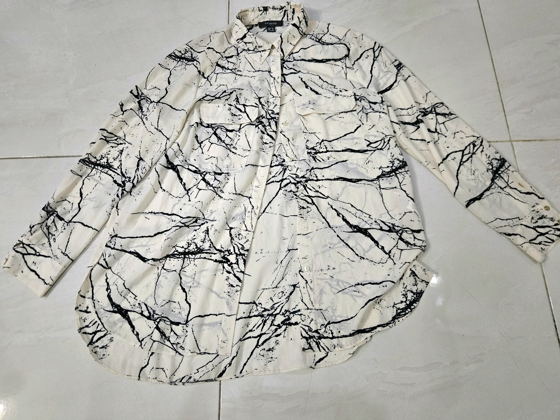 Cream & Black Marble Print Long Sleeve Blouse media 3