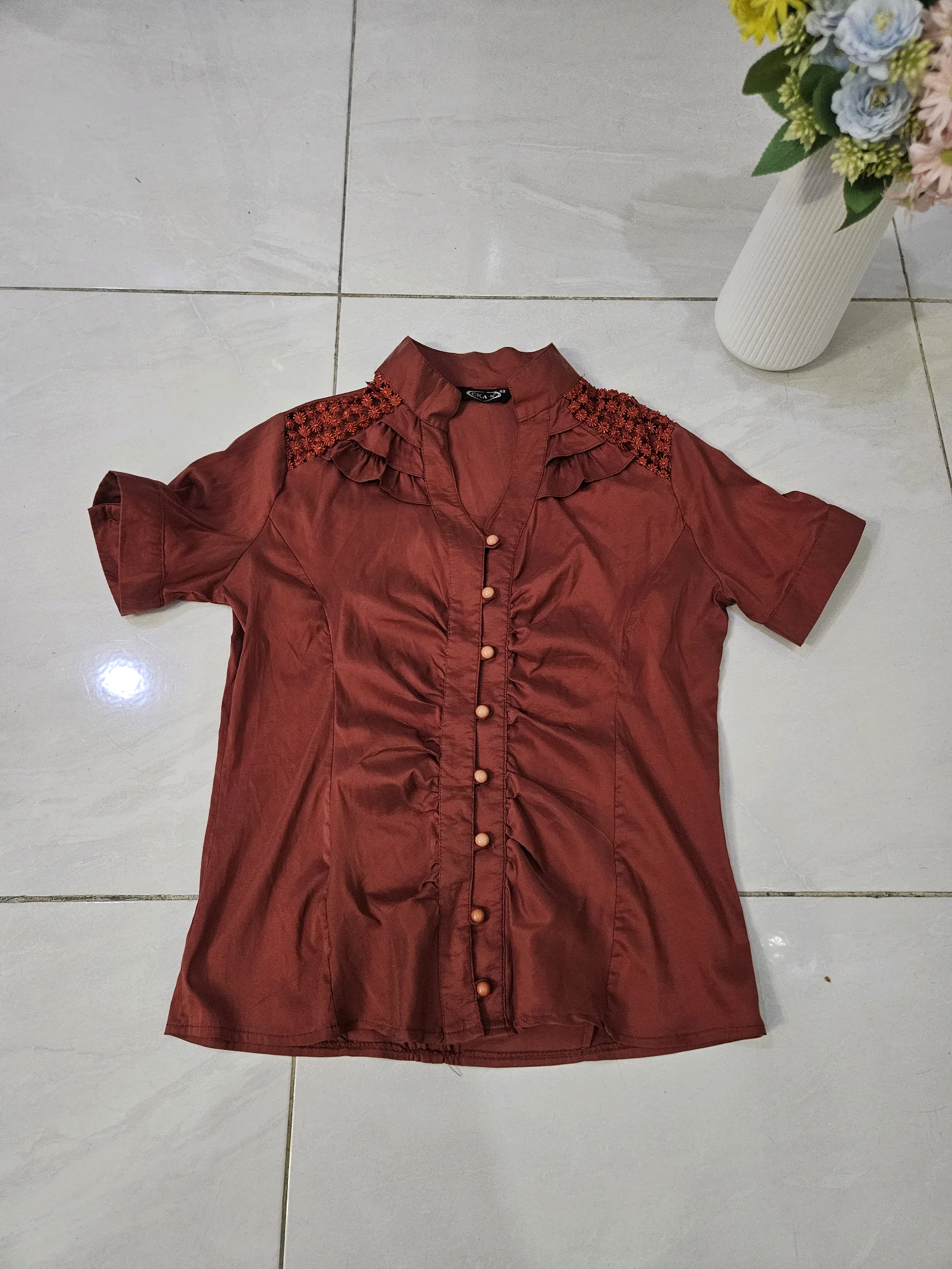 Burnt orange Short Sleeve Blouse with Embroidered Shoulders media 2