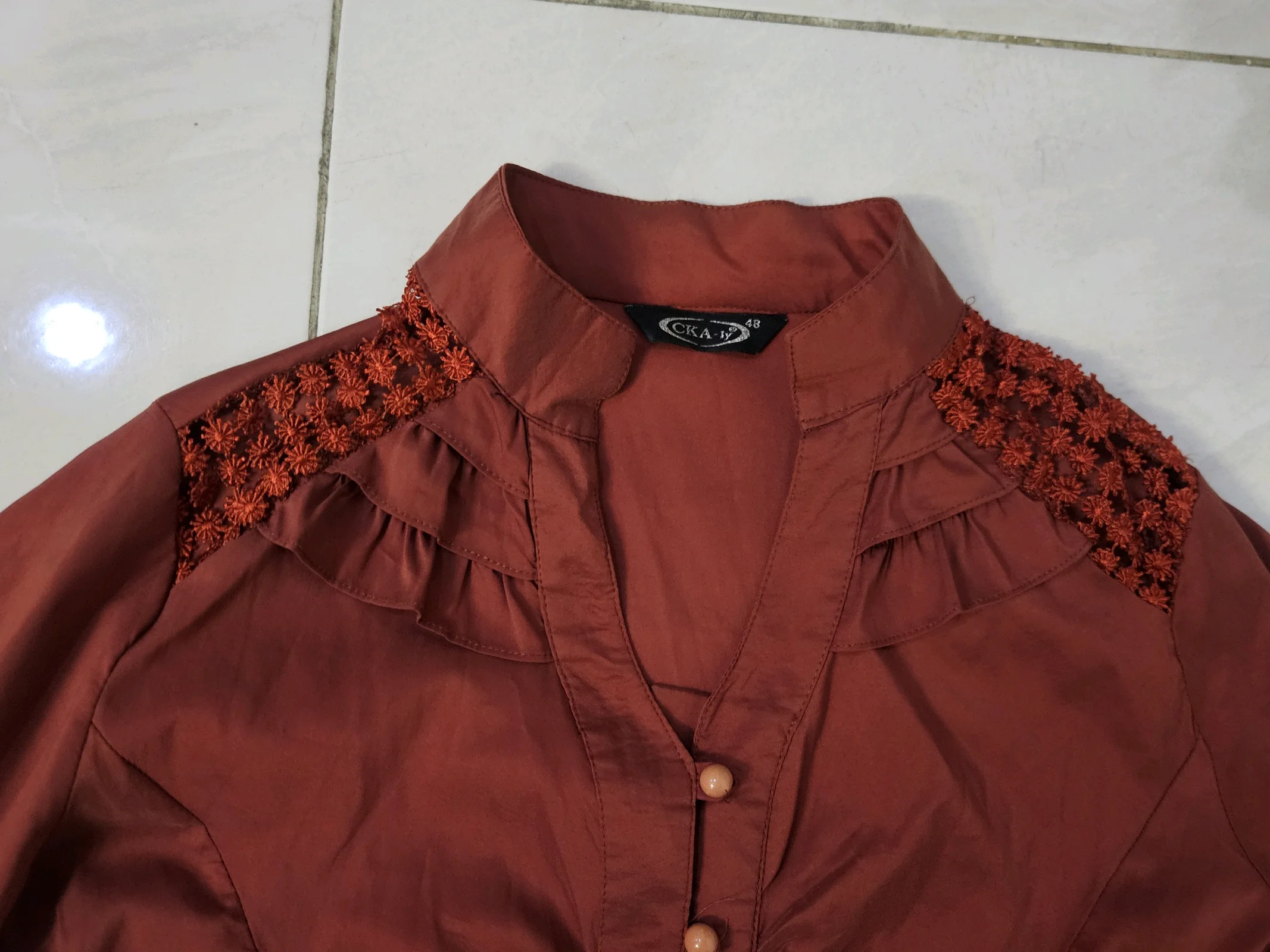 Burnt orange Short Sleeve Blouse with Embroidered Shoulders media 3