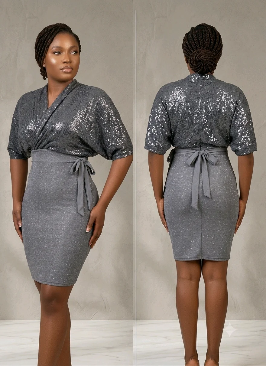 Sparkly Grey Sequin Wrap Dress with Waist Tie