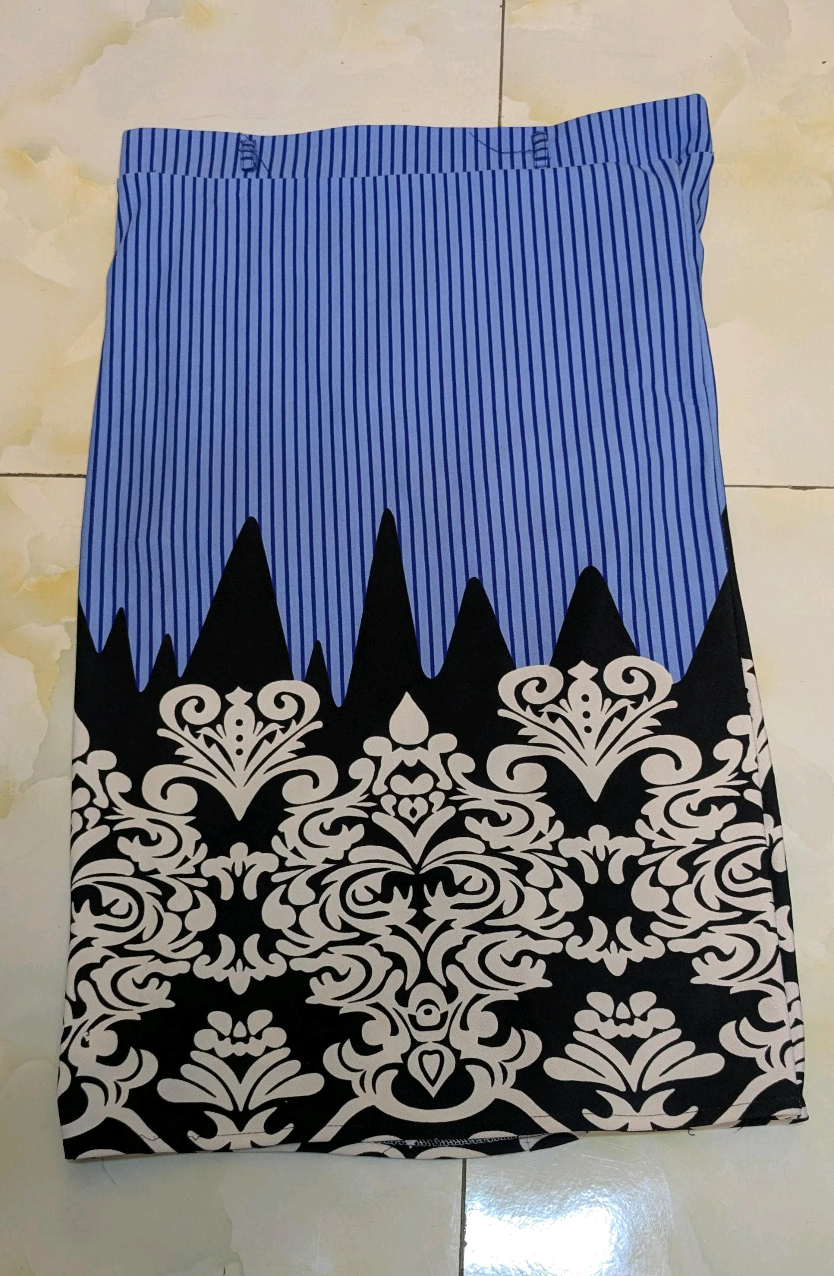 Blue Pinstripe & Damask Pencil Skirt